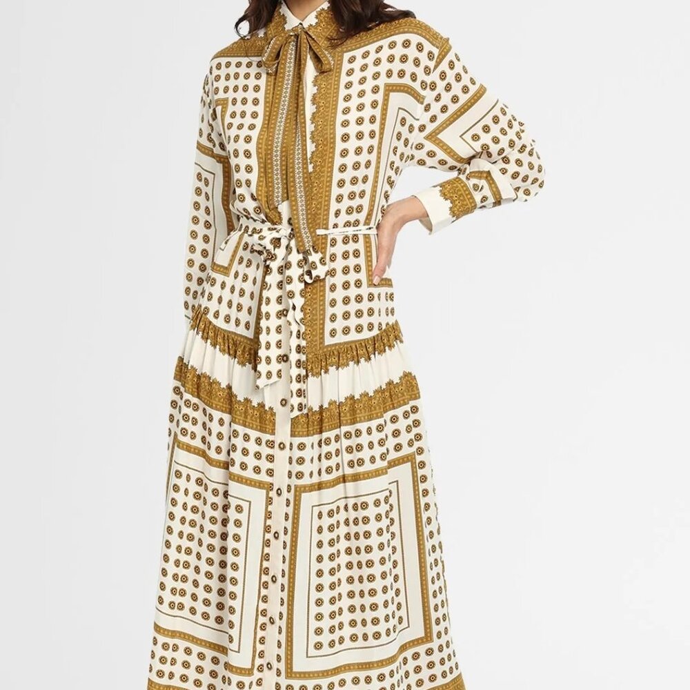 ZIMMERMANN SZ 8 DOTTED SCARF MIDI DRESS EUC NECK SASH WAIST BELT RELAXED